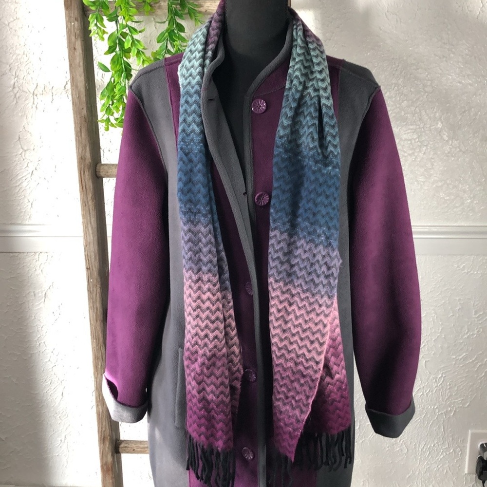 Susan Graver Fleece Purple Gray Long Button Up Coat Color. Block Trench Coat - Picture 13 of 16